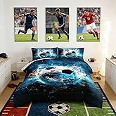 UEVBF Soccer Bedding Comforter Set Twin Size,Blue Football Flame Printing Ball Gamer Bedding Set,Sports Themed Room Decor for Teens Boys,Kids Comforter Sets Boys with 2 Pillowcases.