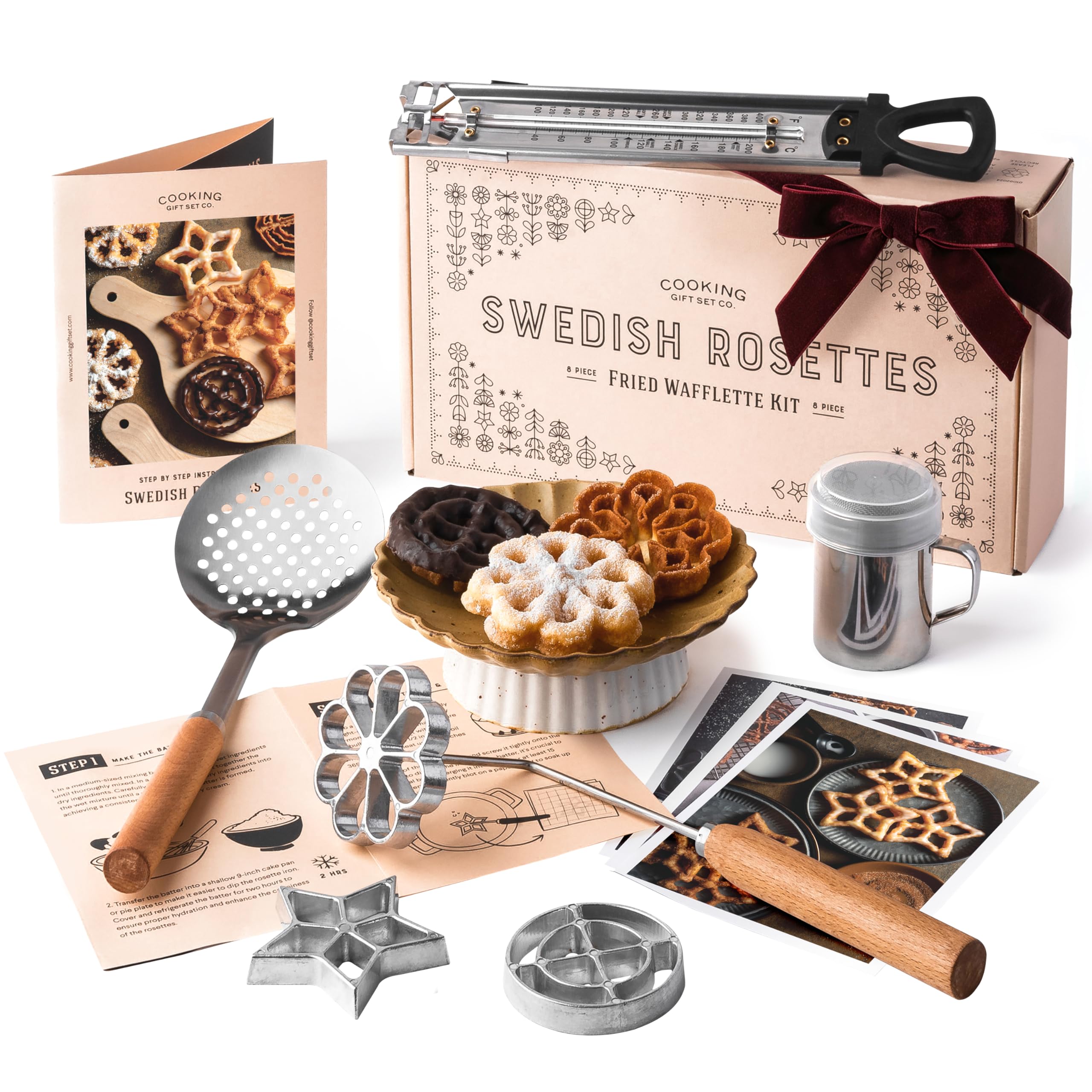 Swedish Rosette Iron Set with Handle Cooking Gifts – Rosette Maker & Bunuelos Mold Holiday Baking Essentials | Funnel Cake Maker & Waffle Iron Kit – Rosettes Unique Baking Gift Set for Women