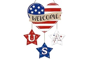 SIONOIUR 4th of July Door Sign Decorations, Patriotic Heart and Stars USA Wooden Signs, American Flag Welcome Large Size Hanging Sign Front Door Decor for Independence Day Party Home Wall Decor with Bow