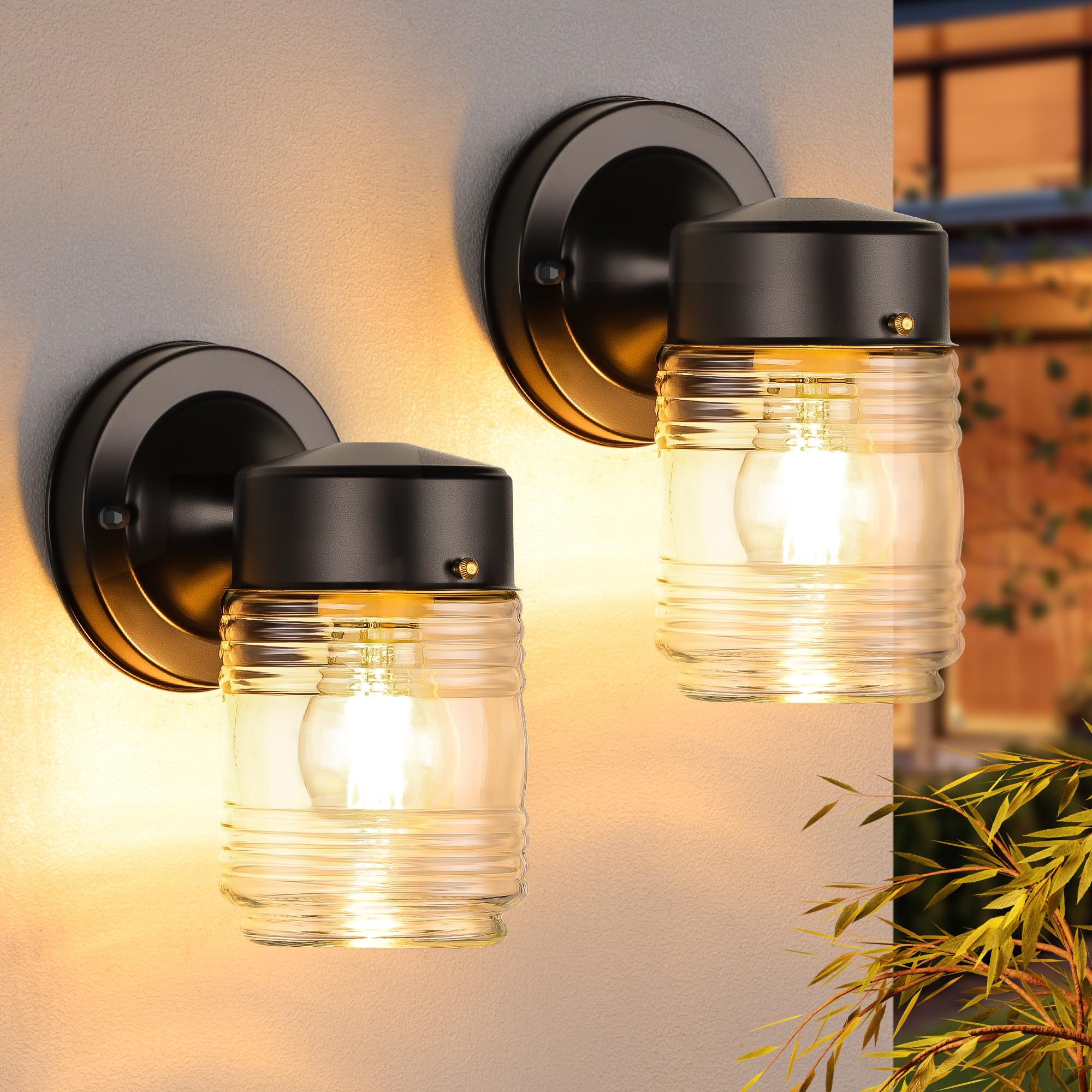 Photo 1 of MATAMEYE Jelly Jar Outdoor Wall Lantern, Black Exterior Waterproof Wall Mount Lighting Fixture, Anti-Rust Front Door Sconce with Clear Ribbed Glass, E26 Socket Lights, 2 Pack