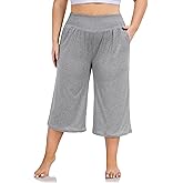ZERDOCEAN Women's Plus Size Wide Leg Capris High Waist Yoga Pants Casual Loose Lounge Pants with Pockets