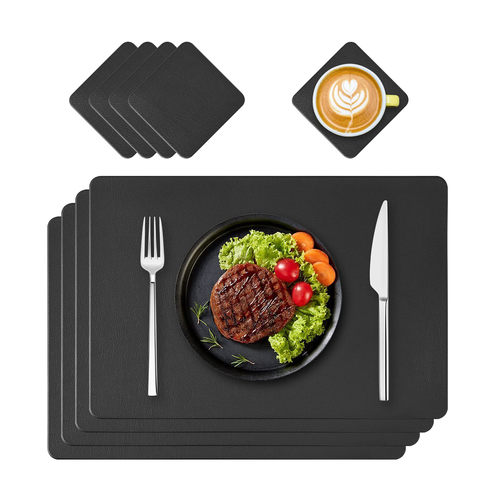 Oinvs Placemats PU Leather Place Mats and Coasters Black Sets of 4 Christmas Placemats Washable Waterproof Table Mats 45x30cm, Suitable for Kitchen Indoor Outdoor Dining Table Restaurant