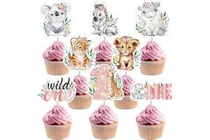 Weecent 48 PCS Wild One Cupcake Toppers One Cake Topper 1st Birthday Girl Wild One Birthday Decorations Girl Jungle Safari Theme Cake Toppers For Baby Girls Boy Safari Animal Party Supplies