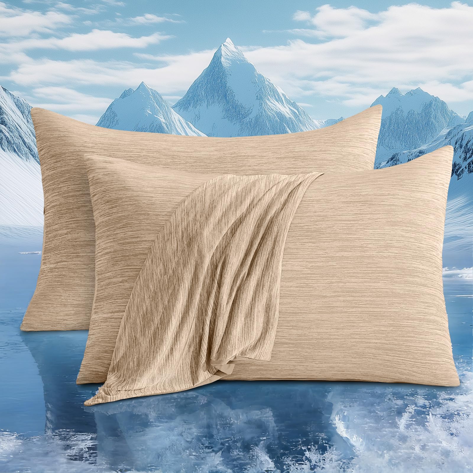 Luxear Cooling Pillowcases for Night Sweats, Cool Pillow Cases with Arc-chill 3.0 Cooling Fiber Q-Max 0.5, Double-Sided Design Soft and Breathable With Hidden Zipper, Machine Washable 50x75cm Beige