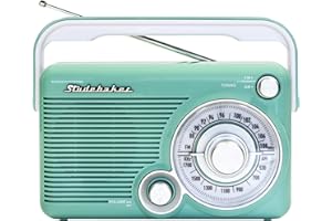 Studebaker SB2002TE Portable AM/FM Radio with Headphone Jack and Aux-in Jack with AC/DC Power (Teal/White)