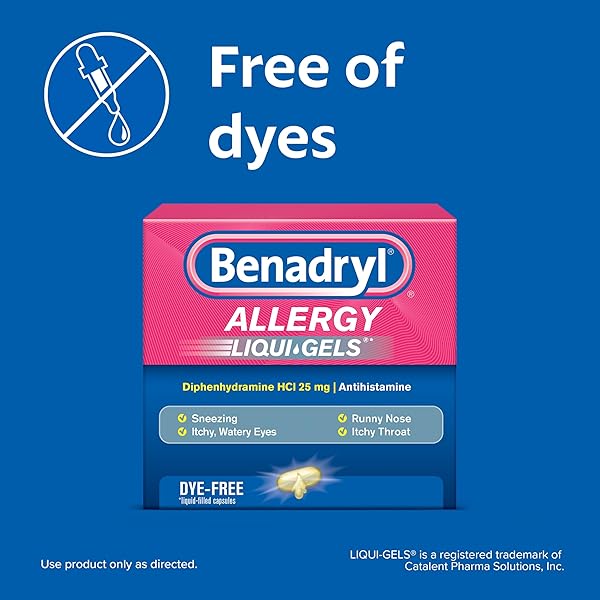 BENADRYL LIQUI-GELS ALLERGY MEDICINE, DYE-FREE LIQUID GEL CAPSULES WITH 25 MG OF DIPHENHYDRAMINE HCL ANTIHISTAMINE FOR RELIEF OF ALLERGY & COLD SYMPTOMS LIKE RUNNY NOSE & SNEEZING, 24 CT