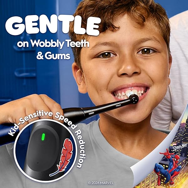 ORAL-B IO KIDS LIMITED RECHARGEABLE ELECTRIC POWERED TOOTHBRUSH, SPIDERMAN WITH 1 GENTLE CARE BRUSH HEAD – AUTOMATIC PRESSURE SENSOR TO PROTECT GUMS – 3 CLEANING SETTINGS – 2 MIN MUSIC TIMER