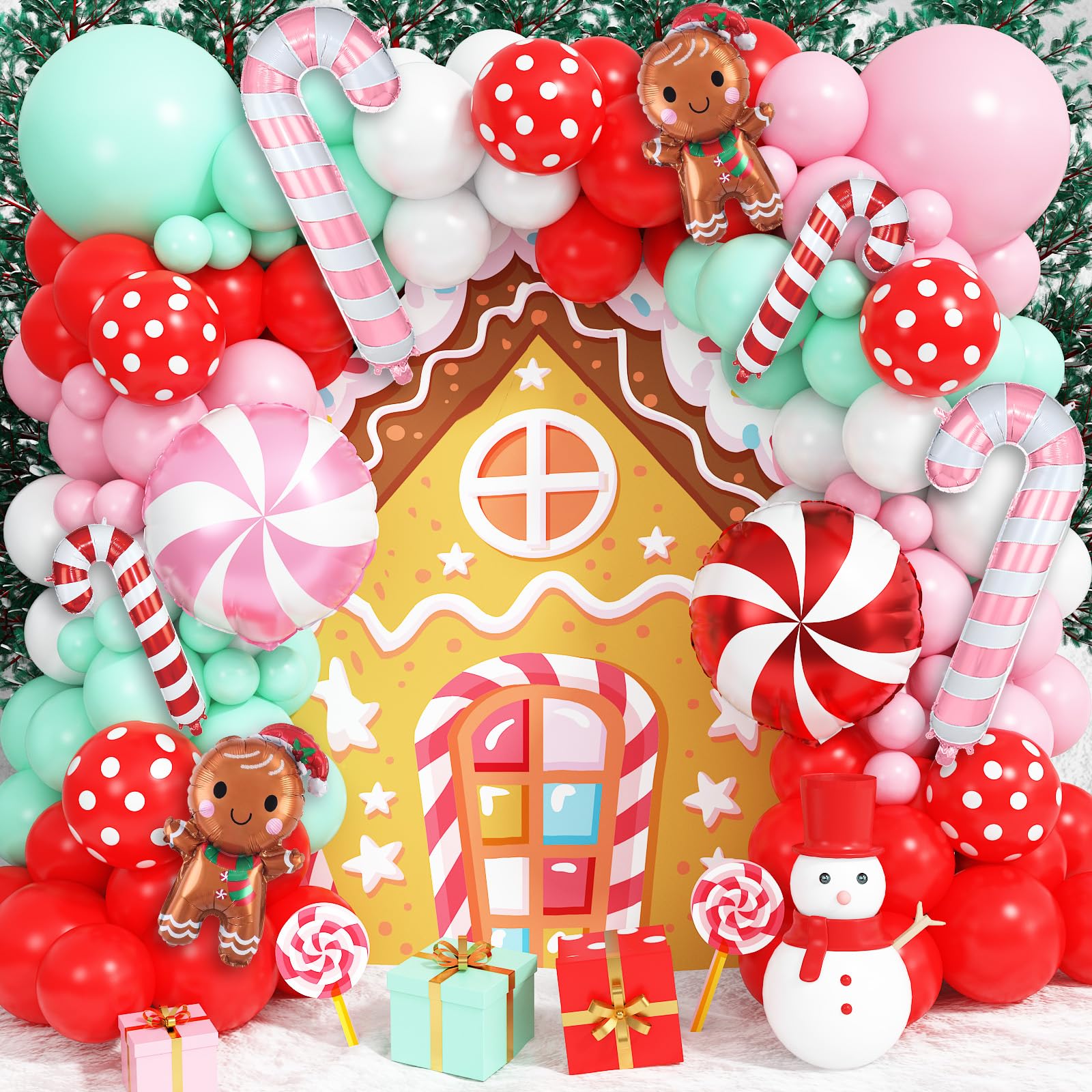 Christmas Balloons Arch Xmas 132PCS Red Pink Green White Balloon for Gingerbread Party Decorations with Cane Foil Balloons Lollipop Candy Balloon New Year Cookie Exchange Decor