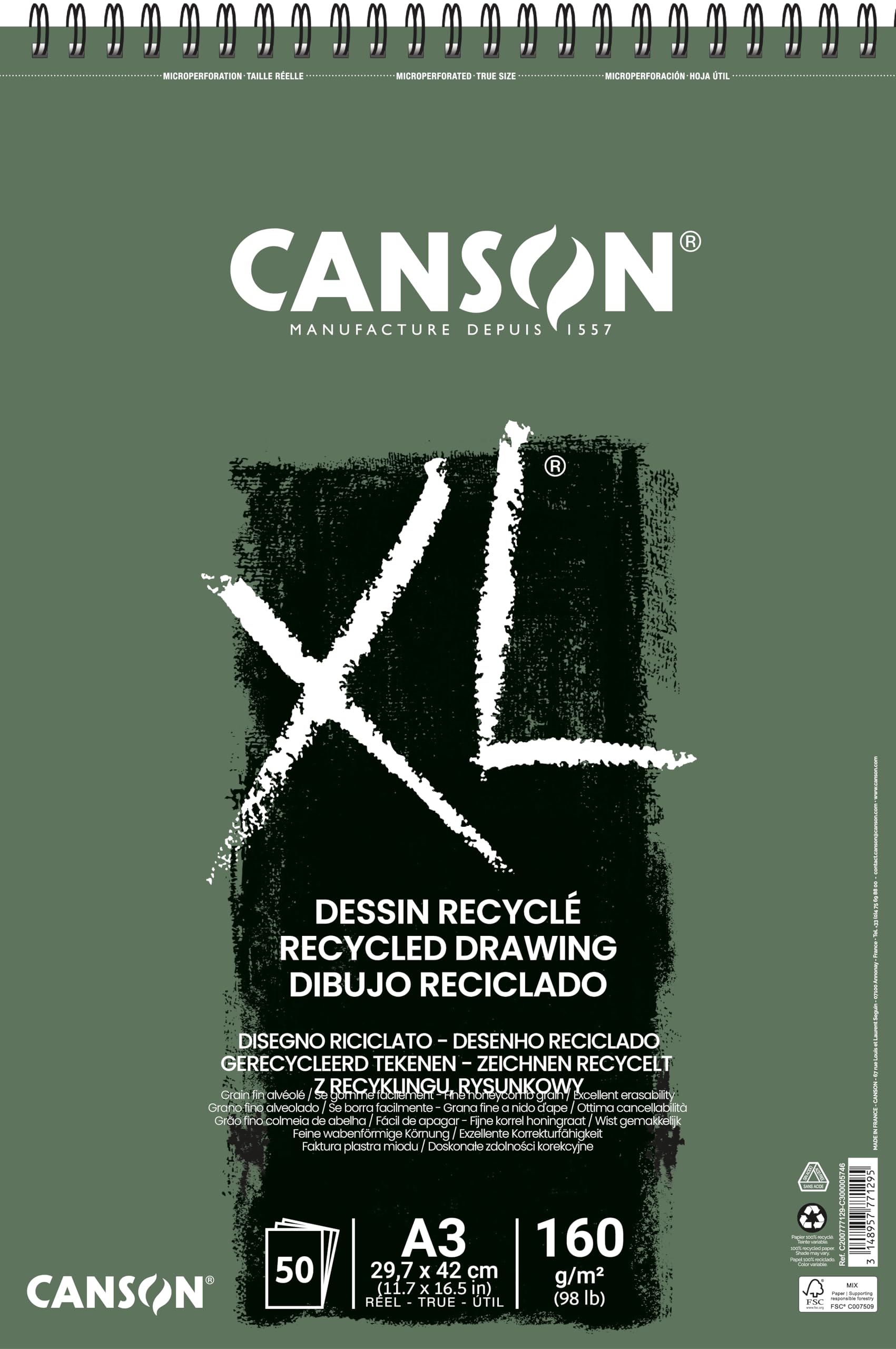 CANSON XL Recycled Drawing 160gsm A3 Paper, Fine Honeycomb Grain, Spiral Pad Short Side, 50 White Sheets, Ideal for Professional Artists & Illustrators