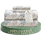Feather & Stitch Softest 100% Cotton Sheets, 300 Thread Count Percale Weave Bedding, 16" Deep Pocket, Cooling Sheets, Breathable Bed Set, Hotel Premium Quality (Full, Beige Paisley)