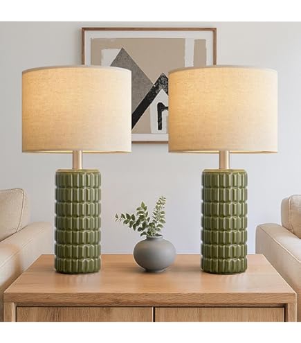 RORIA Set Of 2 Rustic Ceramic Table Lamps – 3-Way Dimmable Touch Control With Dual USB Charging Ports & Linen Shades (Bulbs Included)