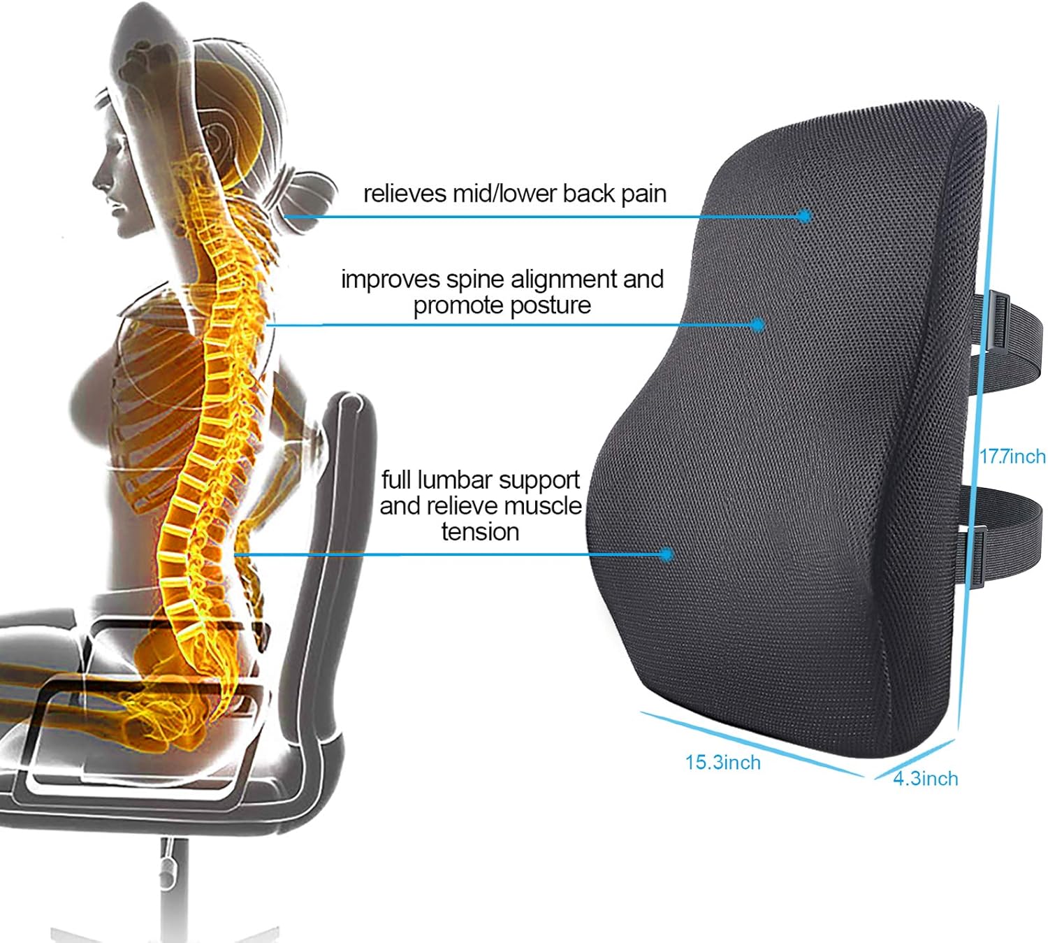 Lumbar Support Pillow for Office Chair Car Memory Foam Chair Back Support Cushion with Breathable Mesh Cloth and Double Adjustable Straps 3D Anti Slip Rubber Bottom Suitable for Home Office and Car: Kitchen & Dining