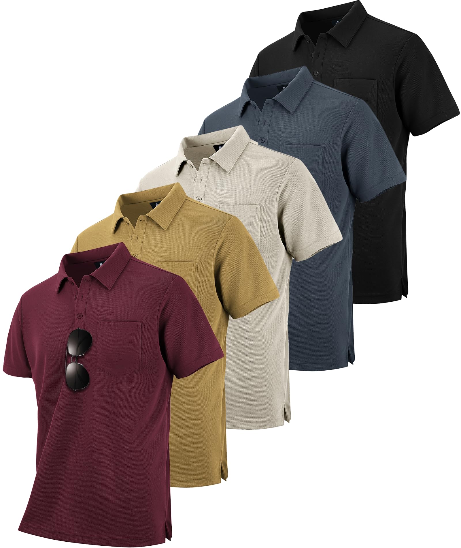 Photo 1 of SCODI 5 Pack Mens Pocket Polo Shirts Short Sleeve Multipack Golf Shirt for Men Moisture Wicking Casual Athletic Work T-Shirts Black Grey lightkhaki Khaki WineRed 2XL