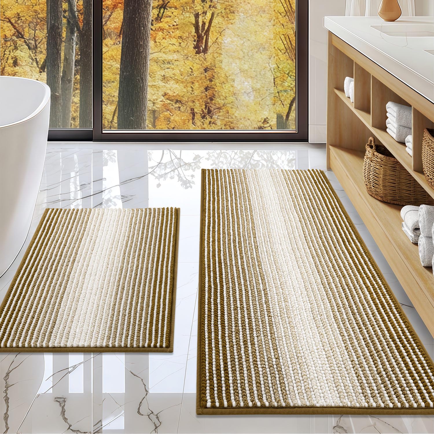 Photo 1 of BSICPRO Bathroom Rugs and Mats Sets, 2 Piece Thick Absorbent Chenille Non Slip, Soft Shaggy Bath Room Floor Mats for Bathroom, Machine Washable (Petrified Oak, 20" x 47" Plus 16" x 24")