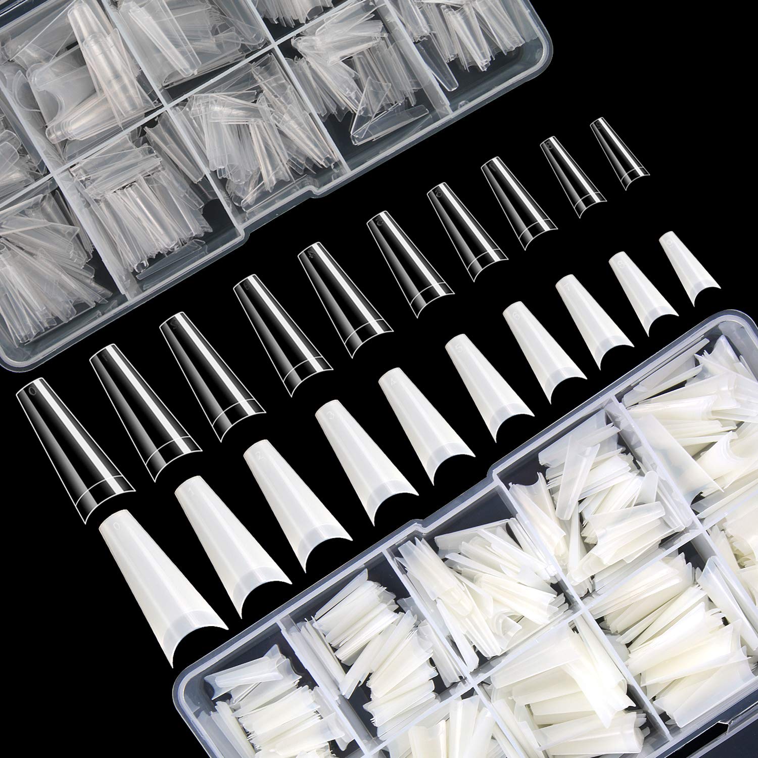 1000pcs French Coffin Ballerina Nail Tips Acrylic Nails Artificial Half False Flake Nail Tips 10 sizes with Clear Plastic Cases for Nail Salon Nail Shop DIY Nail Art (Clear+Natural)