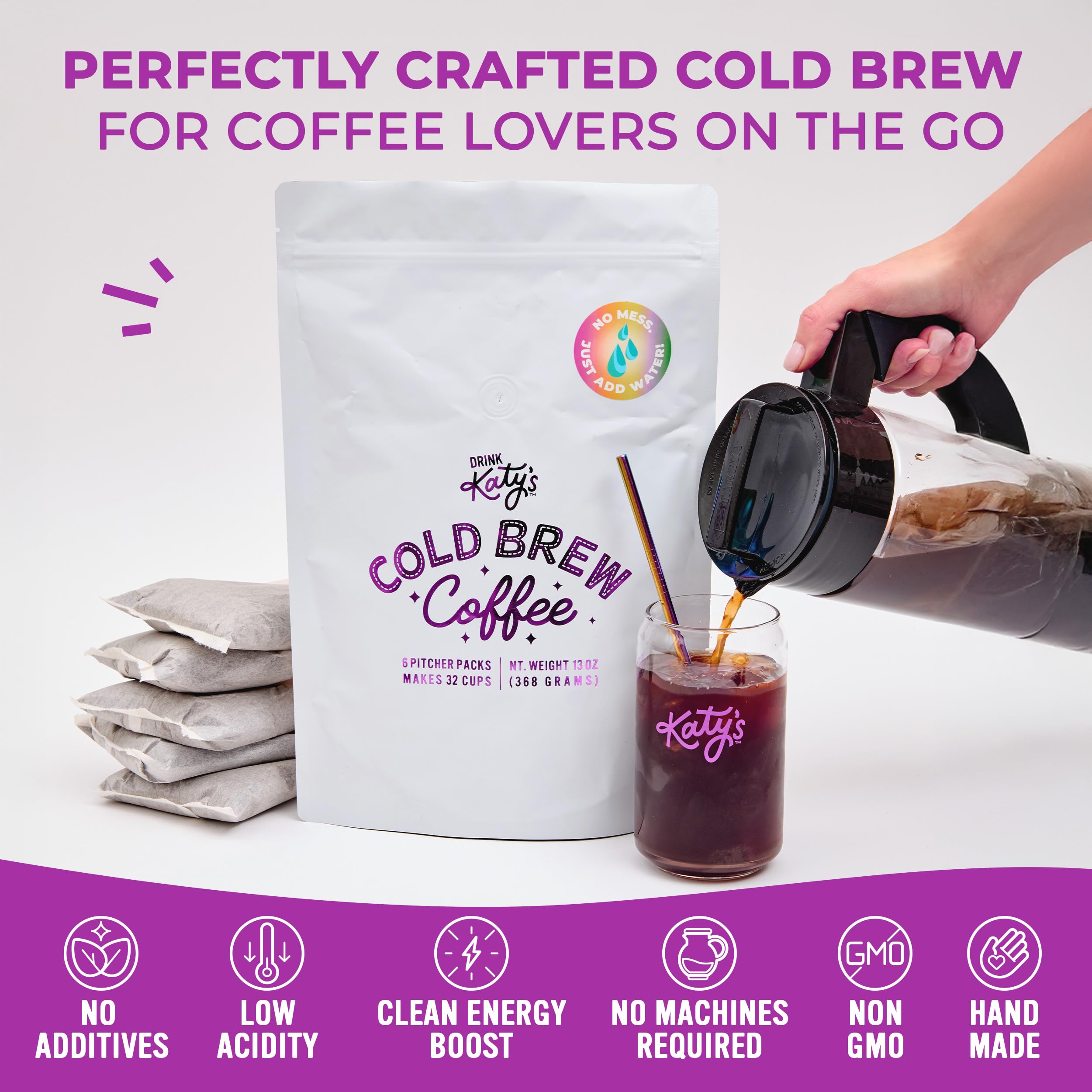 Katy’s Cold Brew Coffee Pitcher Packs | 6 Large Cold Brew Bags with Smooth, Bold Brazilian Coffee | Easy, Mess-Free Brewing in Any Container | No Straining Needed | 100% Woman-Owned | Makes 32 Cups