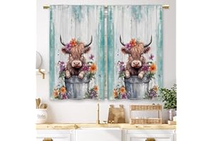 Laifzere Cute Baby Highland Cow Kitchen Curtains Farmhouse Teal Wooden Small Short Cafe Window Curtains Rustic Animal Rod Pocket Bathroom Window Drapes Treatment Tier Curtains 2 Panels (27.5x39 Inch)