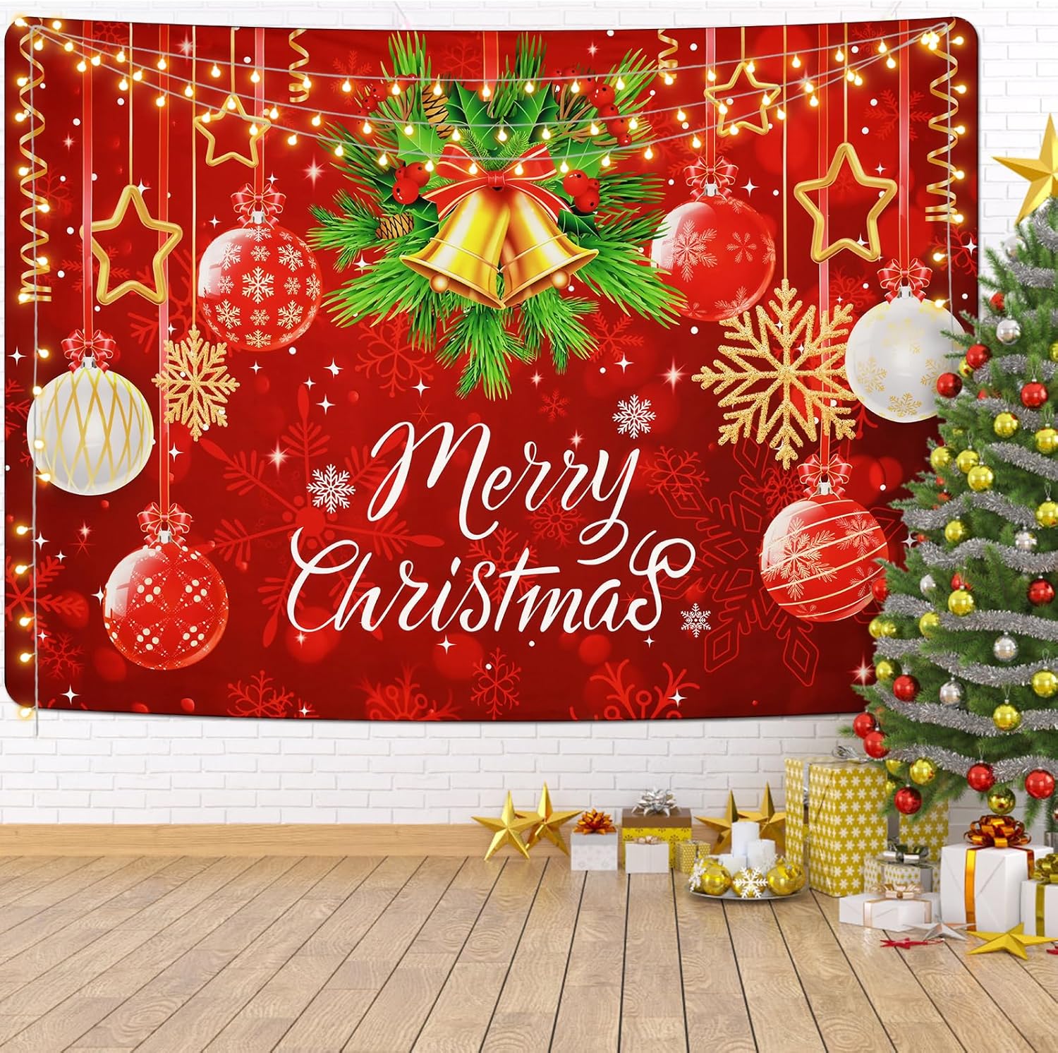 Tapestries - Livole Merry Christmas Tapestry Xmas Bell Tapestries Red Christmas Balls Christmas Mistletoe Tapestry Snowflakes Wall Hanging For Room(51.2 x 59.1 inches)
