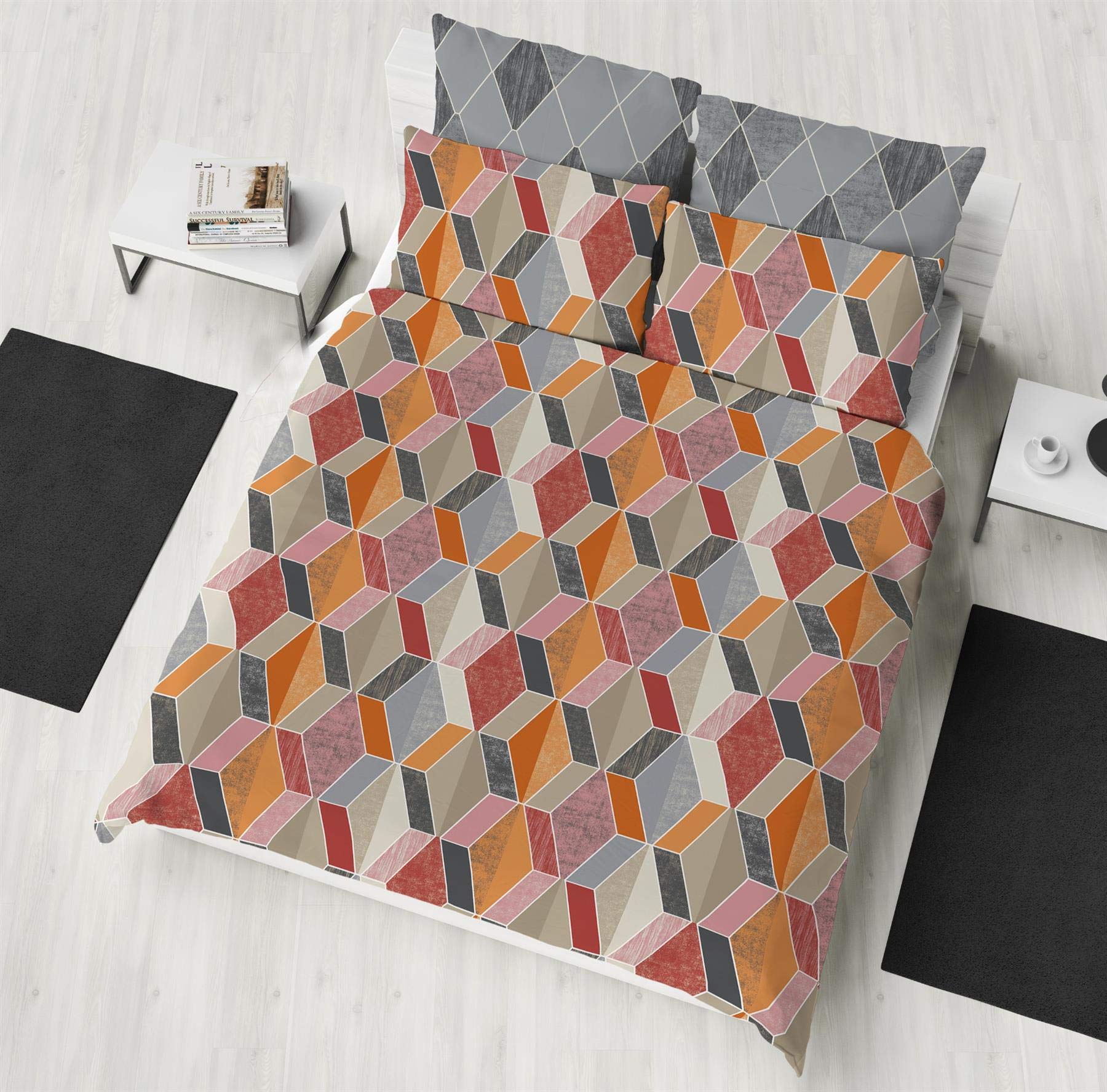 K Collection Geo Diamonds - Single/Double/King Duvet Cover Reversible Bedding Set - Polycotton - Berry, Navy, Mustard Grey