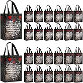 Sweetude 24 Pcs Valentine Christian Gift Bags Bulk Loved John 3:16 Bible Verse Religious Tote Bags with Handle Scripture Heart Non Woven Reusable for Church Pastor Appreciation Gift Party Favor, Black