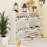Zevemomo White Shoe Cabinet with 4 Flip Drawers, Freestanding Shoe Storage Cabinet with Adjustable Shelf for Entryway Hallway