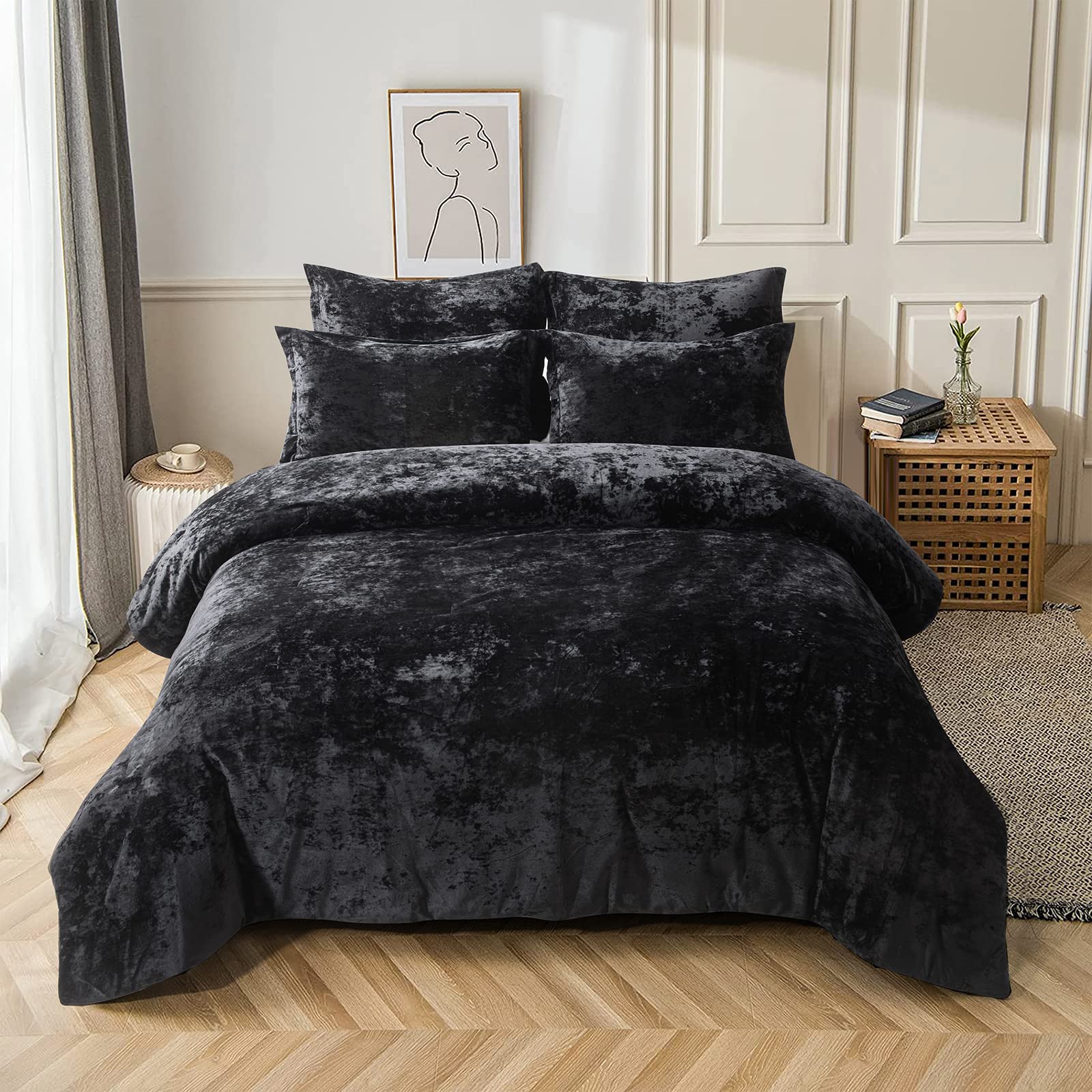 Photo 1 of Fredsure Distressed Velvet Comforter Set, 5 Pieces Black Queen, Distressed Velvet Face and Brushed Microfiber Reverse