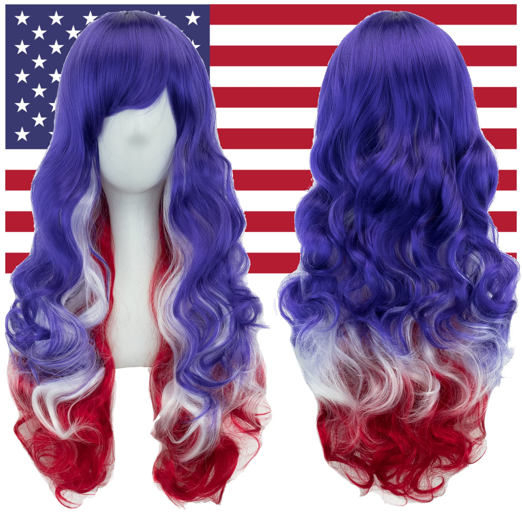IMISSU Flag Color Design Hair Cosplay Wigs with Bangs Halloween Costume Wig (US Flag Blue White Red) — image 1
