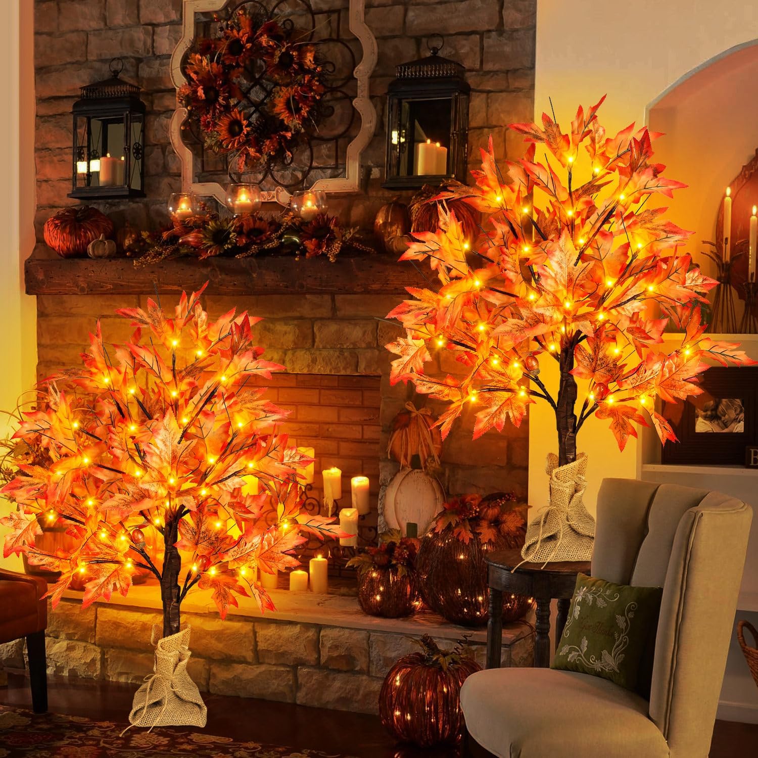 Trees - FastDeng 2FT Fall Lighted Maple Tree, 24 Inch Tabletop Artificial Tree with 36 LED Lights, 72 Leaves, 6 Acorn, Timer Battery Operated for Autumn Harvest Home Decor, Thanksgiving Decorations (2 Pack)