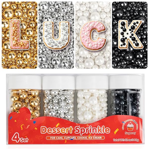 VALENTINE EDIBLE PEARL SPRINKLES FOR CAKE DECORATING,4 PACK,5.3OZ,GOLD SILVER WHITE AND BLACK SUGAR PEARLS SPRINKLE MIX,PERFECT FOR CAKE DECORATIONS,BAKING,ICE CREAM,COOKIES,CUPCAKE TOPPER,BIRTHDAY HOLIDAY PARTY WEDDING VALENTINE’S DAY SUPPLIES