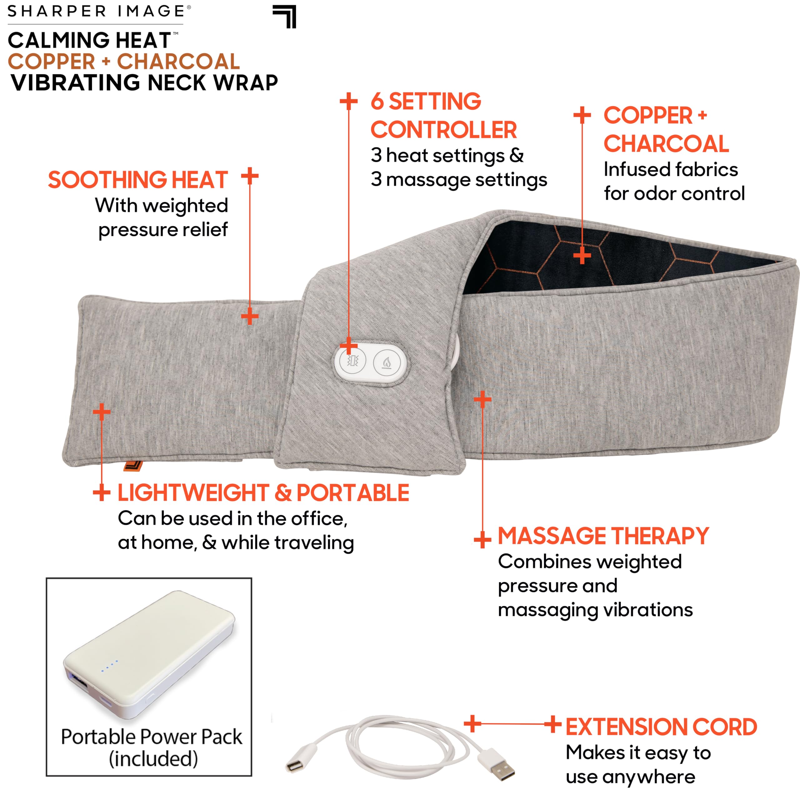 Calming Heat Neck Wrap Includes Portal Power Pack by Sharper Image Copper & Charcoal Infused Personal Electric Neck Heating Pad with Vibrations, 3 Heat & 3 Vibration Settings- 9 Relaxing Combinations