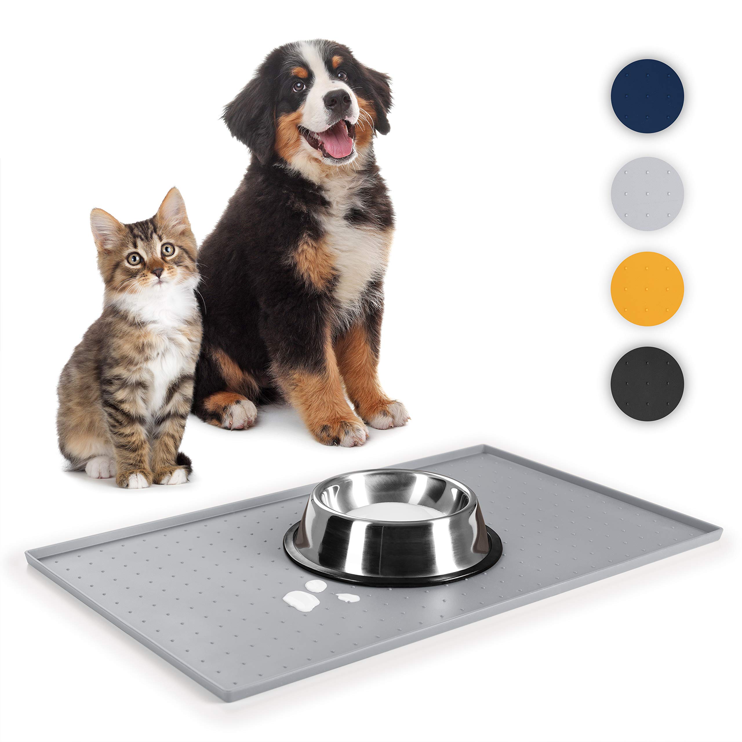 Everanimals Cat Bowl Mat – Dog Bowl Mat 50 x 30 cm Non-Slip – Mat with High Edges – Rubber Protection 50 x 30 cm 100% Waterproof – for Dogs and Cats – Silicone – Grey