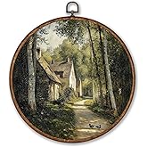 Voxitura Vintage Farmhouse Cottage Wall Art Round Framed, Landscape Country Wall Decor Canvas Hanging Living Room, Rustic Retro Countryside Prints Artwork Decorations for Bedroom Dorm 10x10in