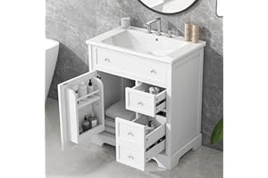LUMISOL 30" Bathroom Vanity with Sink Combo, Solid Wood Bathroom Vanity with 2 Drawers and Storage Organizers, Modern Bathroom Cabinet with Undermount Ceramic Sink, White