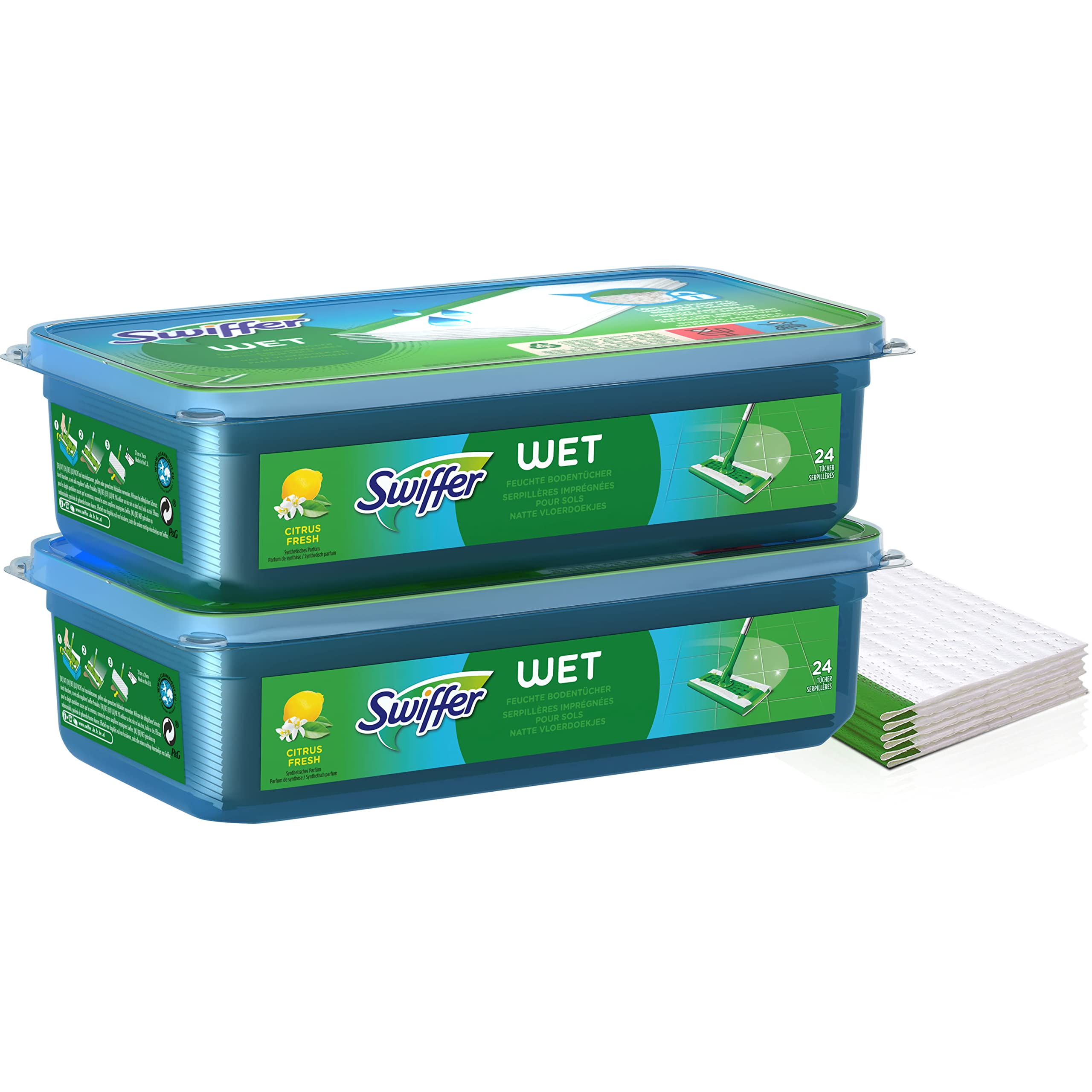 Swiffer 48 feuchte Reinigungstücher, 2 Stück (24 x 2), für Swiffer Besen, fängt Staub und Schmutz auf