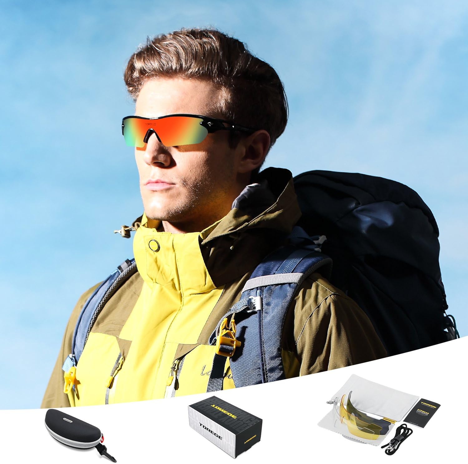 Torege Polarized Sports Sunglasses With 3 Interchangeable Lenes for Men Women Cycling Running Driving Fishing Golf Baseball Glasses TR002 Upgrade(Black&Black Tips&Rainbow Lens): Clothing