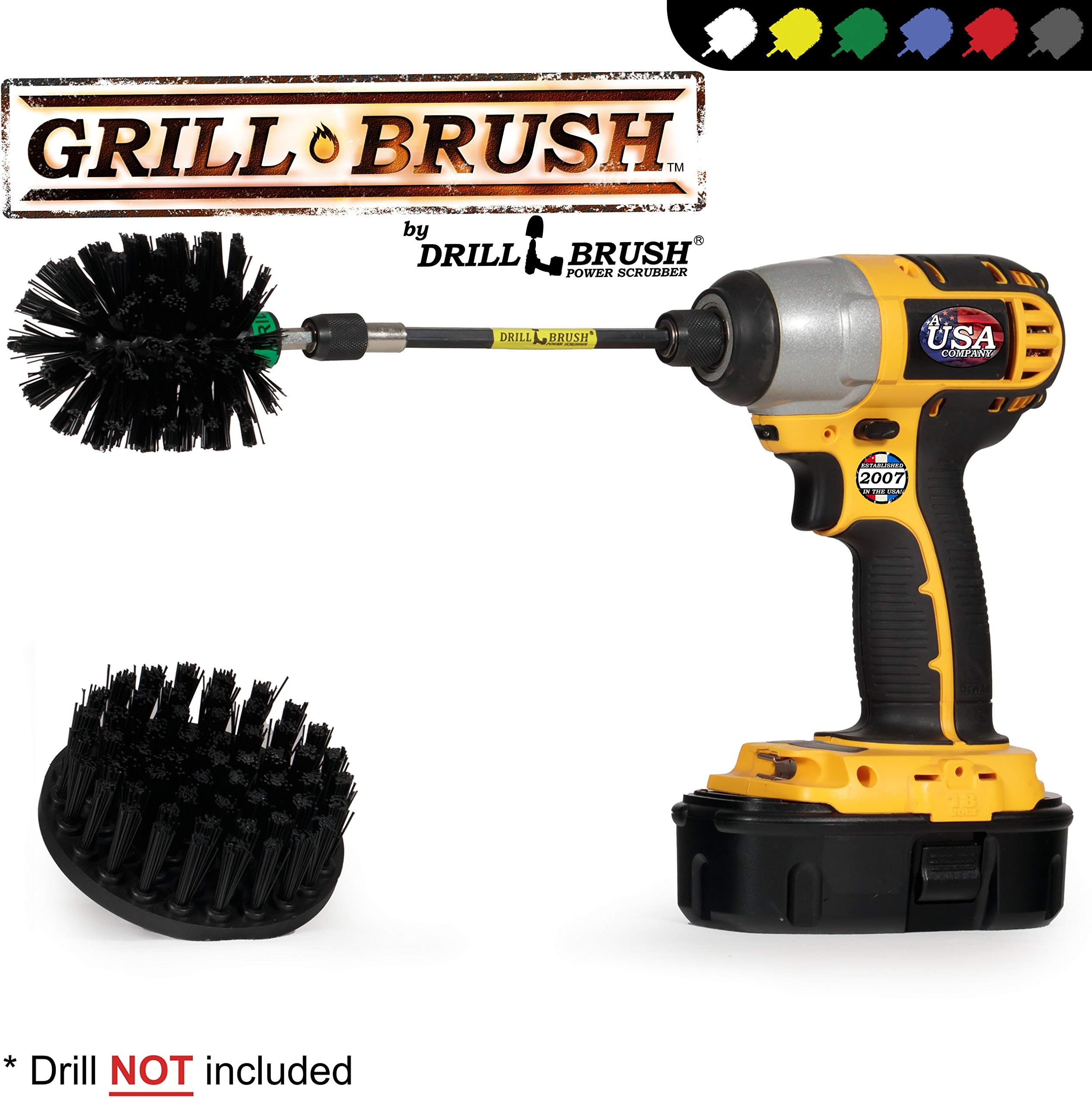 Grill Brush - Drill Brush Power Scrubber - Black Ultra-stiff BBQ Cleaning Kit with Long Reach Extension - for Electric Smokers, Gas Grills, Charcoal Grills, and Fireplace Grates - Safe No-Wire Design