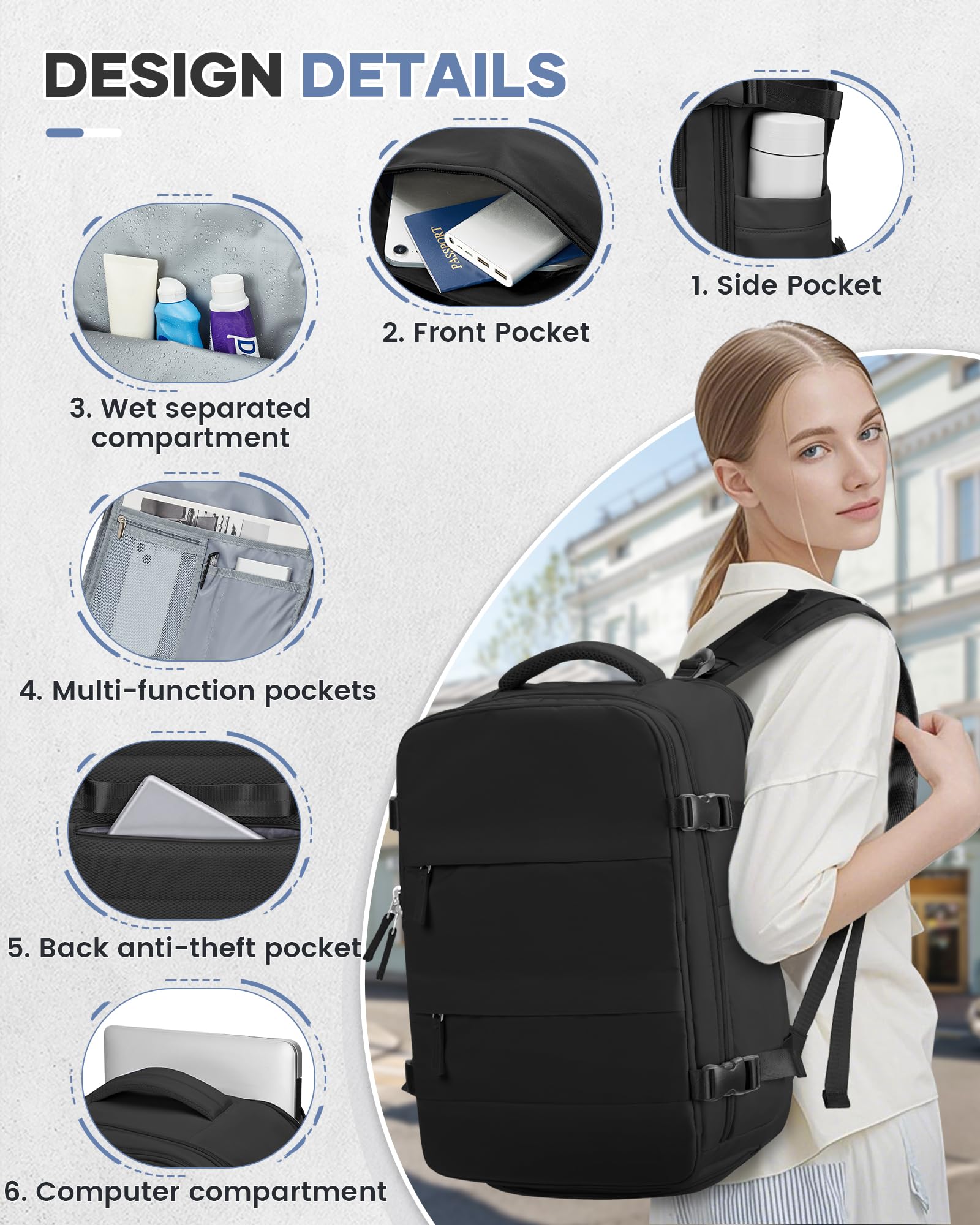 Vacuum Travel Backpack with Pump Women,Personal Item Carry on Backpacks Flight Approved 18x14x8 inches Men,Laptop Waterproof Work Compression bags Casual Daypack Mochila de Viaje Compresion al Black