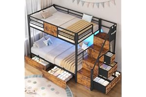BTHFST Bunk Bed Twin Over Twin with Stairs, LED Lights Twin Bunk Bed with 2 Storage Drawers & 6 Fabric Drawers, Metal Twin Loft Beds with Guardrail & Stairs, Space Saving, Sturdy Frame