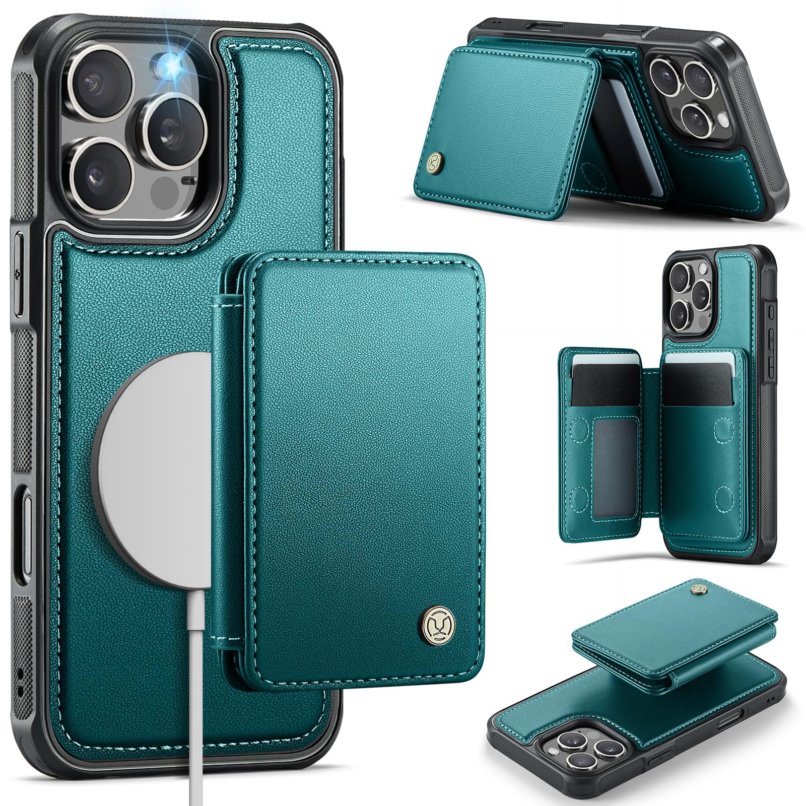 Photo 1 of Usroom Compatible with Magsafe for iPhone 16 Pro Max Wallet Case Magnetic Card Holder, RFID Blocking 2 in 1 Detachable Kickstand Shockproof Case for Women Men, Bluish Green