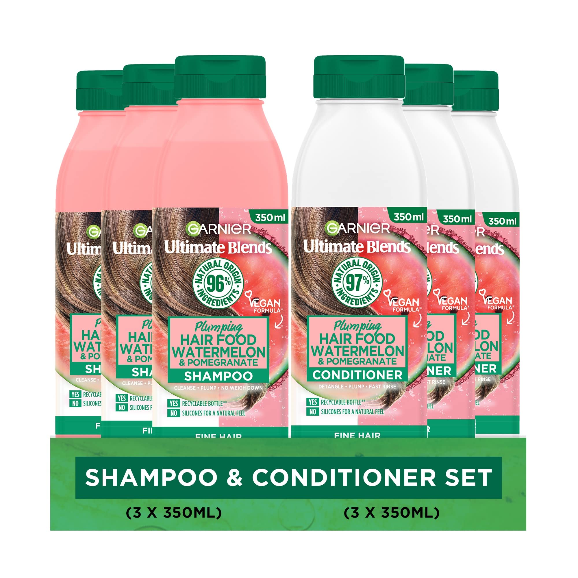 Garnier Shampoo & Conditioner Set by Ultimate Blends, Plumping Watermelon Hair Food for Fine Hair, 98 Percent Natural Origin Ingredients, 100% Vegan Formula, 3 x 350ml Shampoo & 3 x 350ml Conditioner