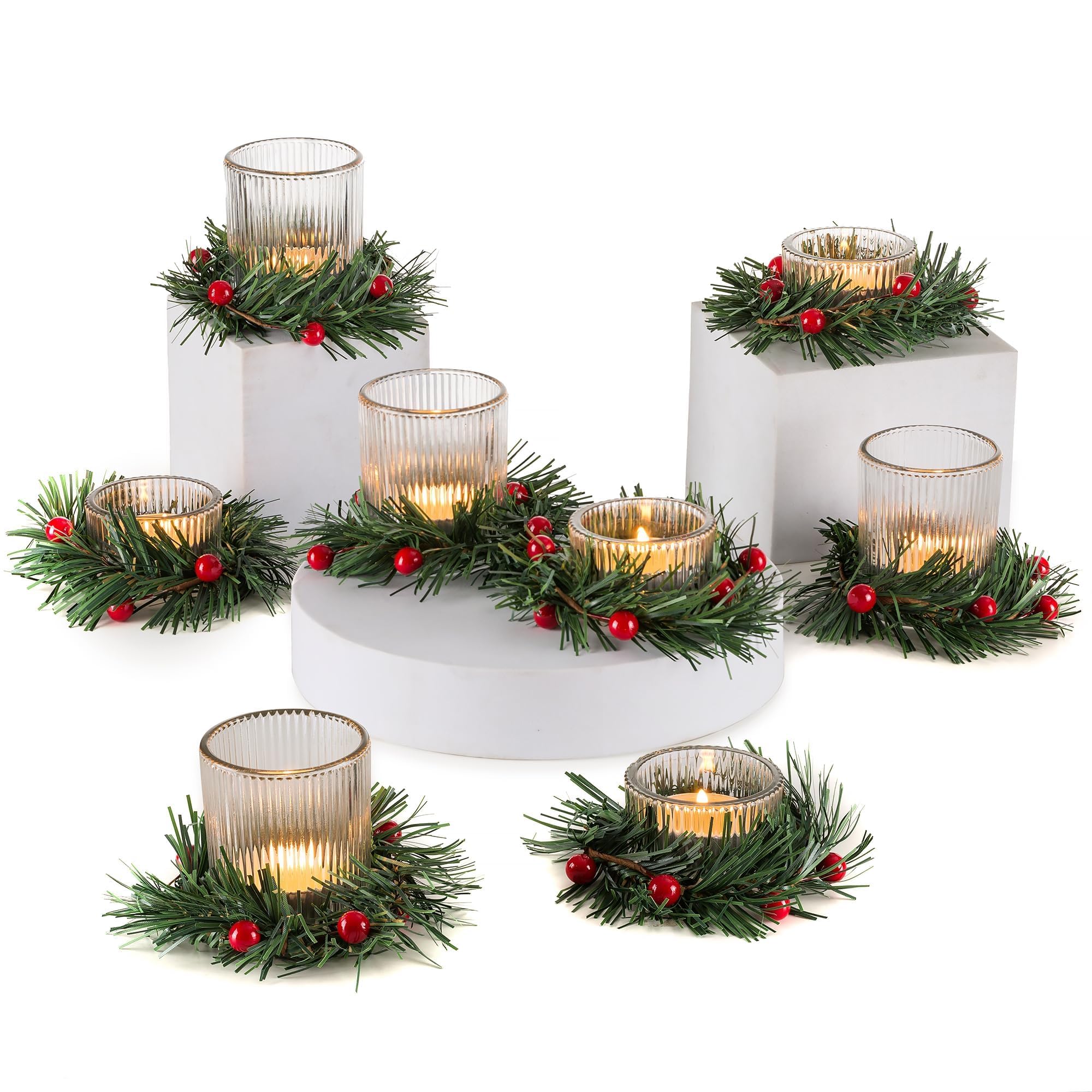 Romadedi Christmas Candle Holder Glass：8Pcs Tealight Holders with Wreath Ring for Table Centrepiece Votive Christmas Decorations for Home Decor Party Dining Wedding Living Room Ornaments Xmas Gift