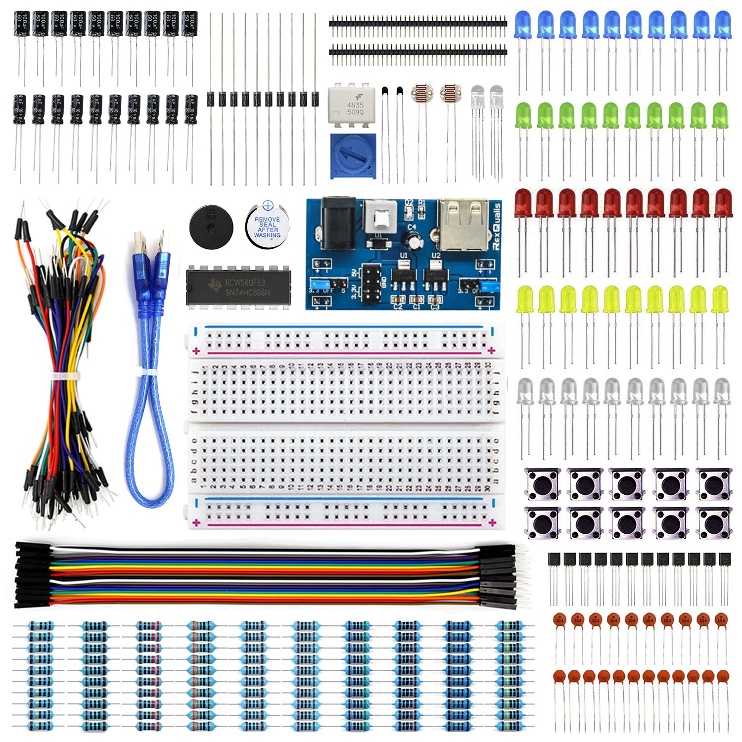 Photo 1 of REXQualis Electronics Basic Kit w/Power Supply Module, Breadboard, Jumper Wire, LED,Resistor, comes with more than 300pcs sensors and components for fun and simple electronic projects.