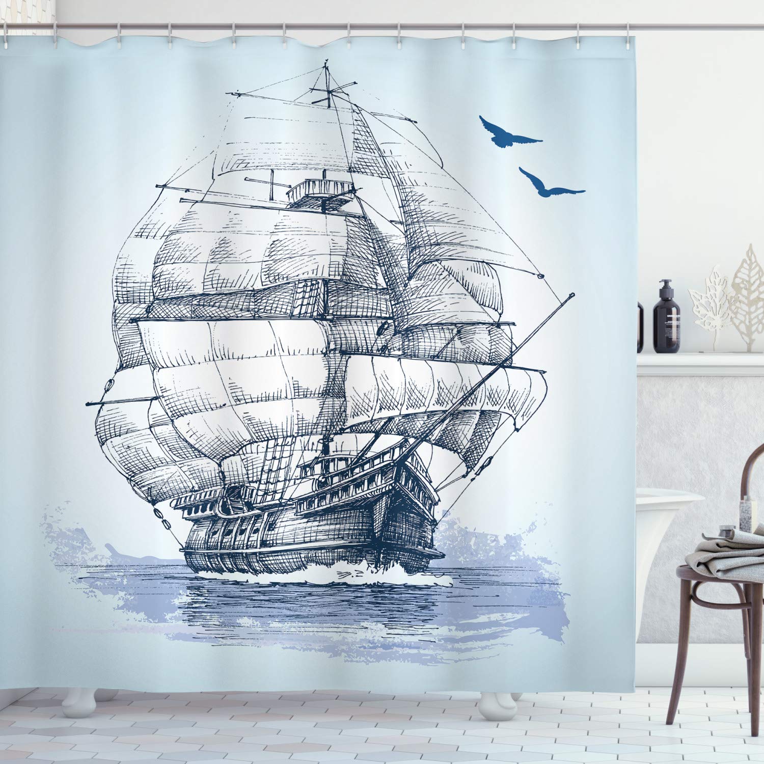 ABAKUHAUS Vintage Boat Shower Curtain, Old Sketch Yacht at Sea Adventure in Ocean Marine Aquarelle Art, Cloth Fabric Bathroom Decor Set with Hooks, 175 x 200 cm, Baby Blue Dark Blue — image 1