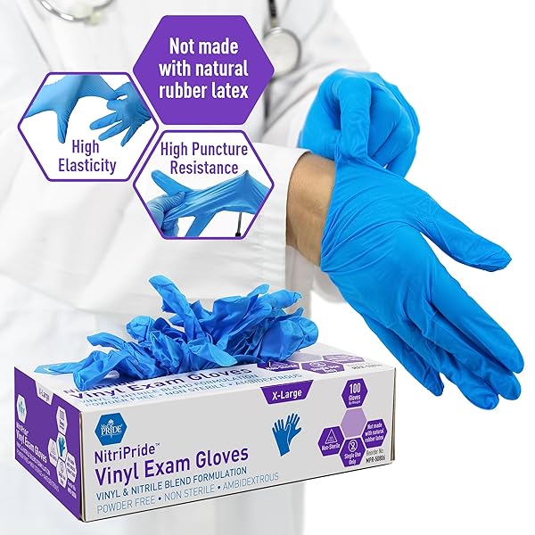 MED PRIDE SINGLE USE NON STERILE NITRILE VINYL BLEND GLOVES, POWDER, LATEX, RUBBER FREE DISPOSABLE NURSE GLOVES FOR MEDICAL, COOKING, CLEANING (X-LARGE 100)
