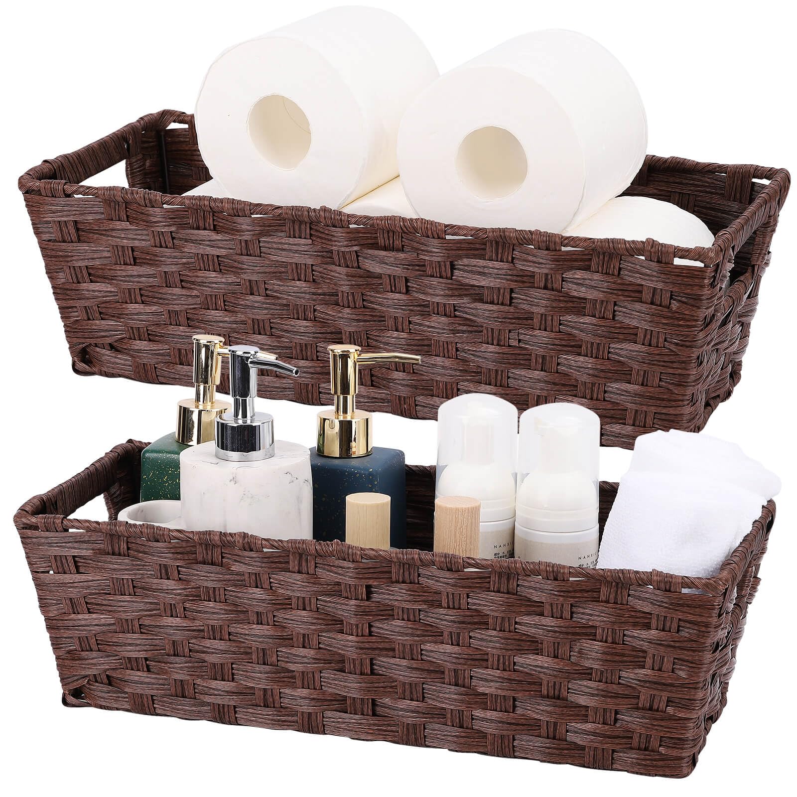 Onlytak Plastic Wicker Storage Baskets - Toilet Tank & Bathroom Baskets, Woven for Organizing, Brown, 15¾" x 6¾" x 4¾", 2-Pack