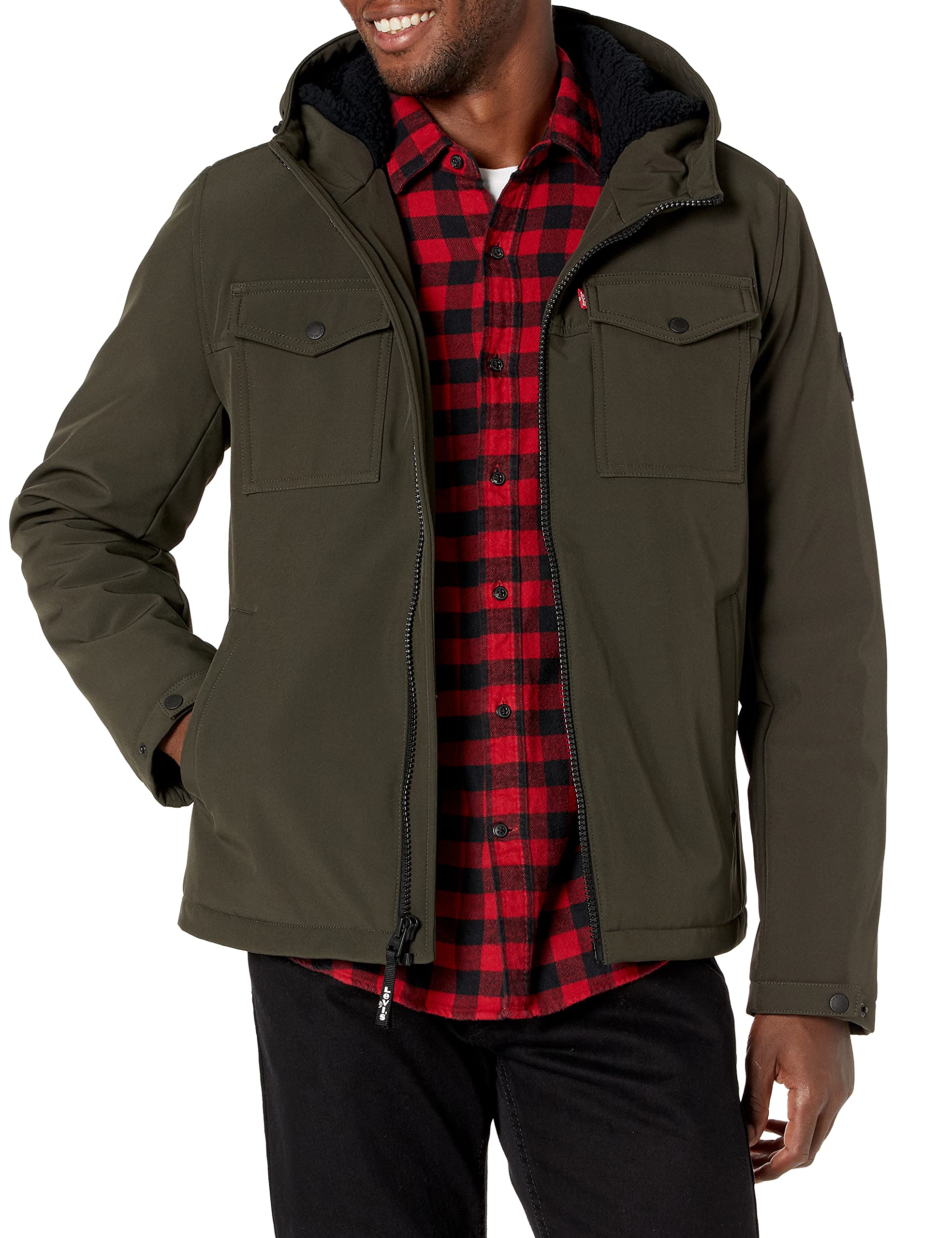 Levi's Men's Soft Shell Two Pocket Sherpa Lined Hooded Trucker Jacket Graphit... for sale online