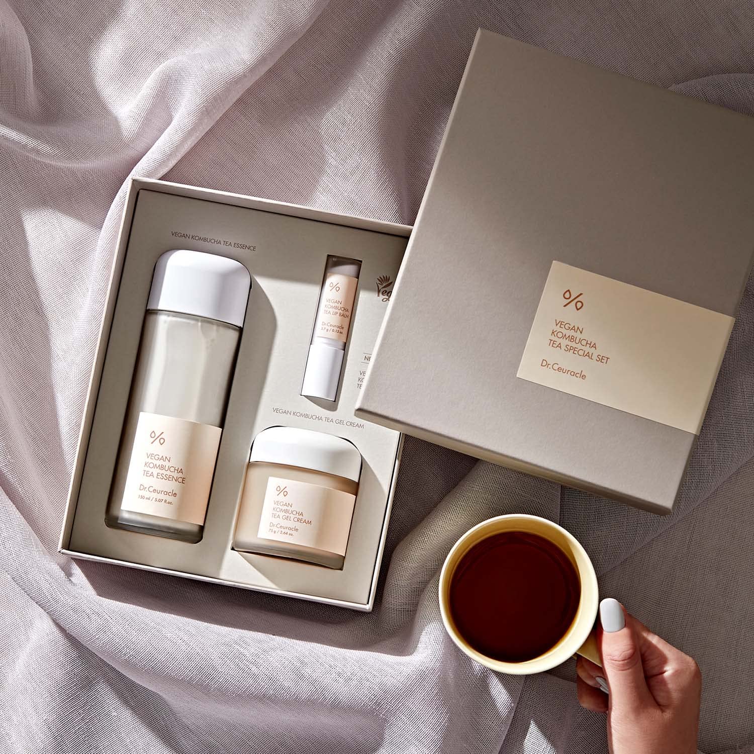 Dr.Ceuracle Vegan Kombucha Tea Special Set - Korean Skincare Set, Hydrating and Nourishing Gift Set included Essence, Gel Cream, Lip Balm