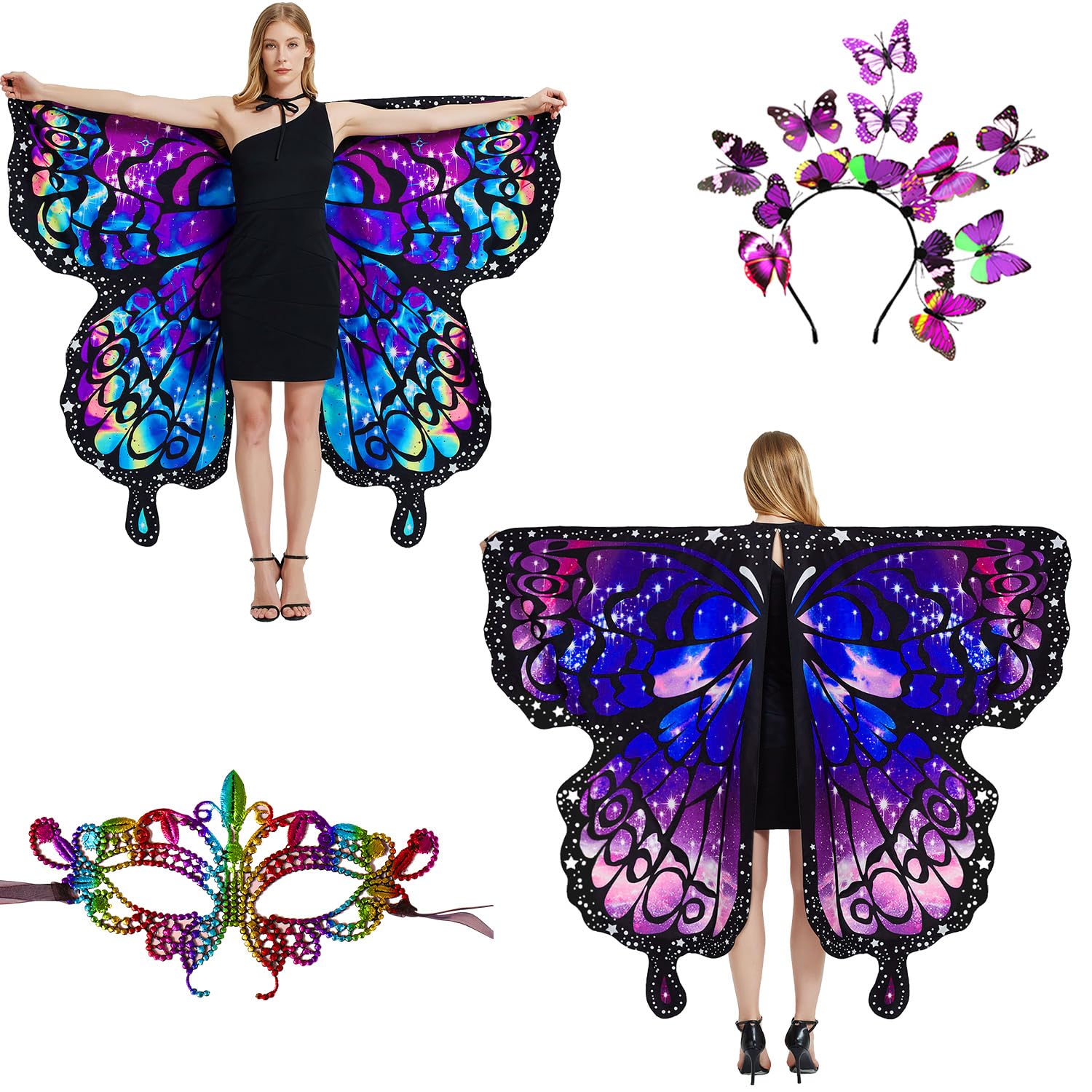 LYL. Ling Halloween Costumes Adult Women，Double-Sided Butterfly Wings Adults，Purple Butterfly Costume for Women，3PCS Fairy Wings Set.