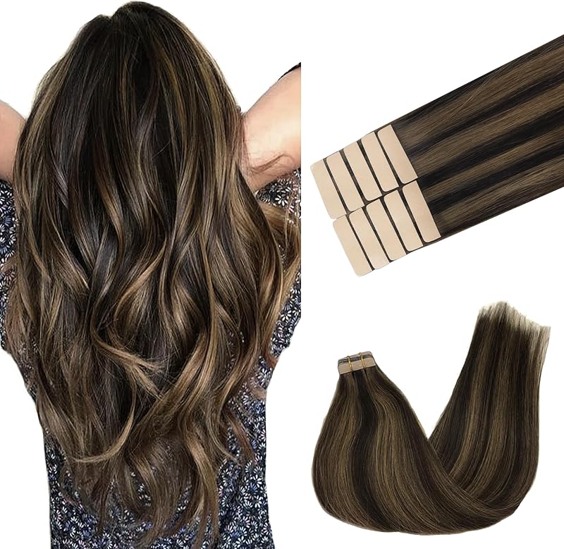 GOO GOO Tape In Hair Extensions 16 inch 25g 10pcs Dark Brown Highlighted