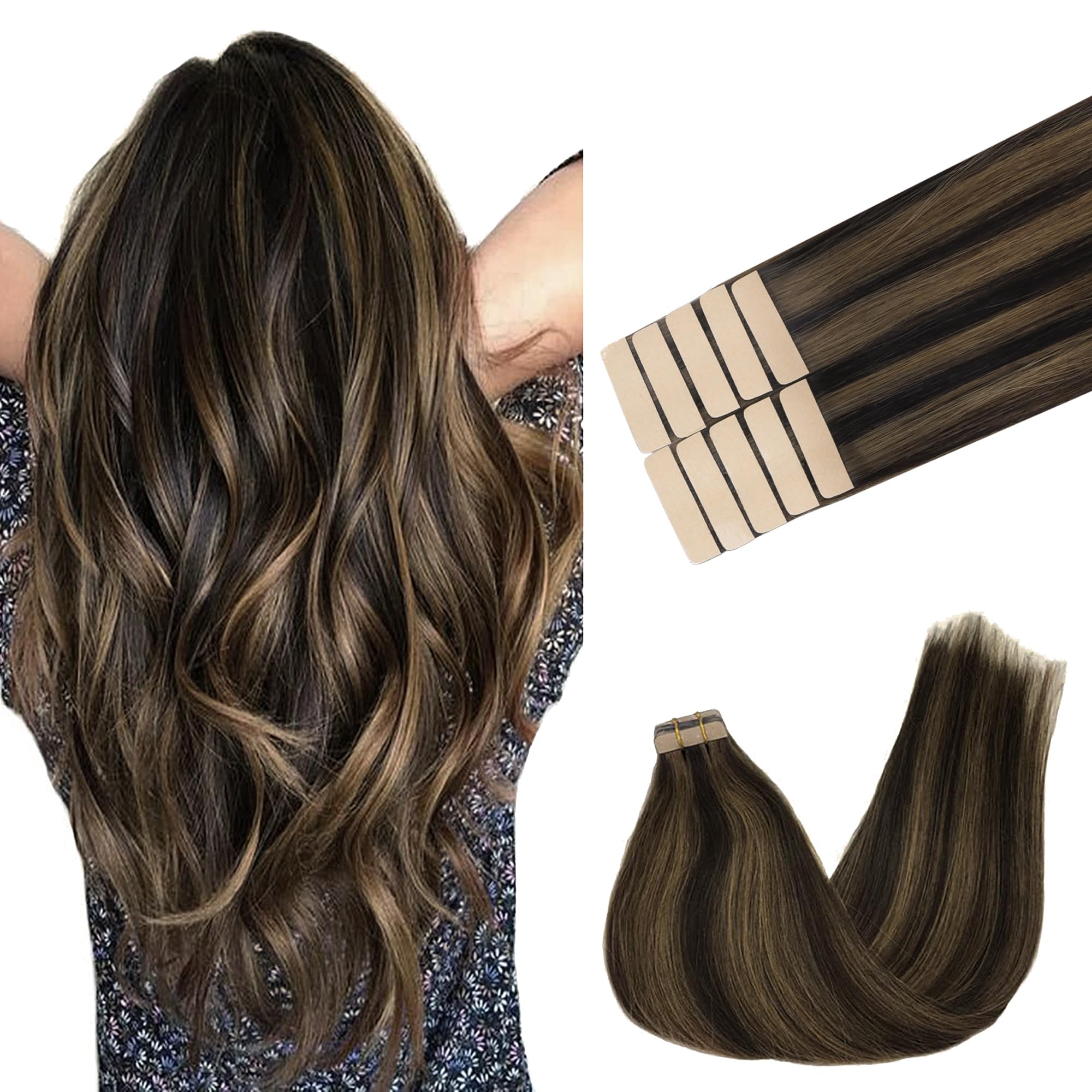 GOO GOO Tape in Hair Extensions human hair, tape Hair Extensions, 16inch 25g 10pcs, Human Hair Extensions, 2/6 Dark Brown Highlighted Chestnut Brown